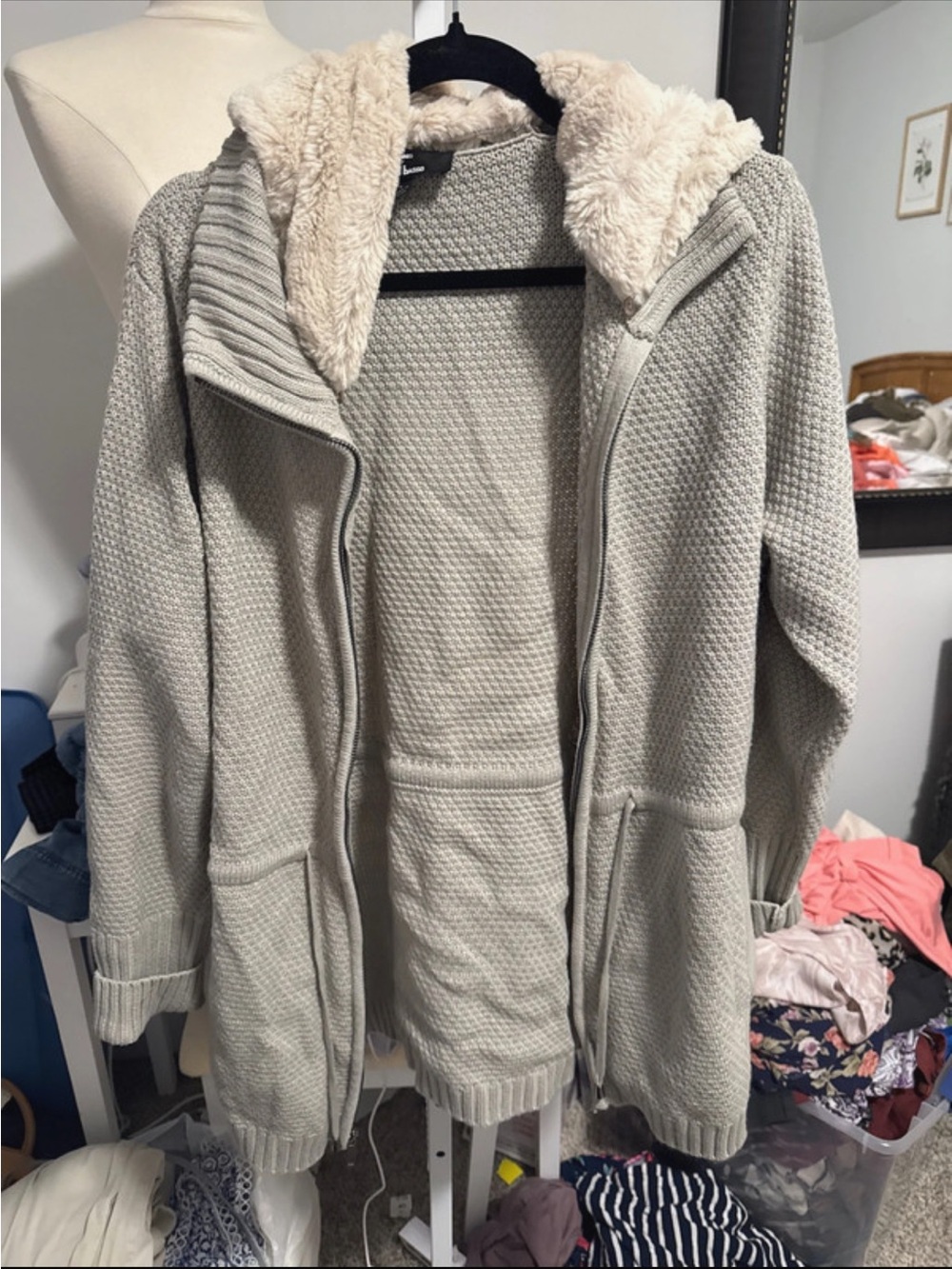 dennis basso Plush-Lined Hooded Teddy Jacket in Light Beige
